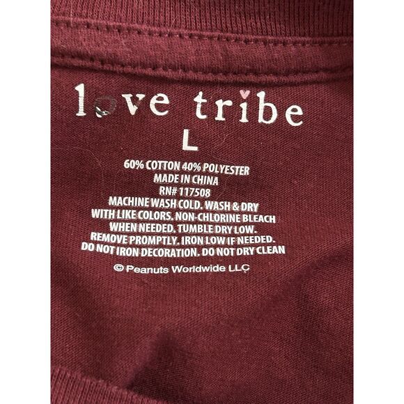 Love Tribe Peanuts Graphic Tee Size Large Maroon Dark Red Snoopy T-Shirt - Picture 3 of 3